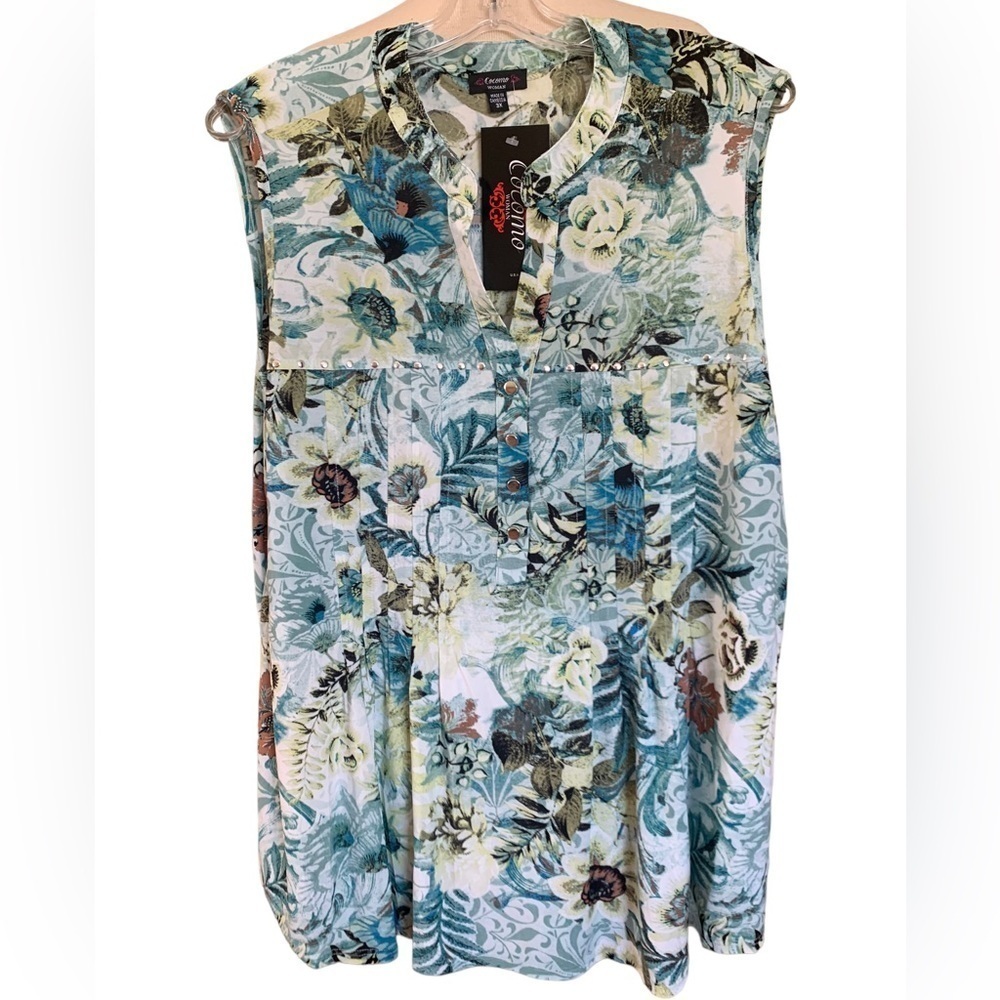 COCOMO 1X Plus size blue green floral sleeveless women's Blouse top tuni…